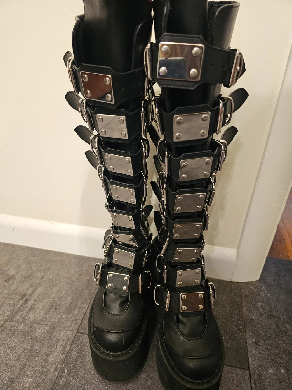 Demonia Black Over-The-Knee Platform Buckle Boots